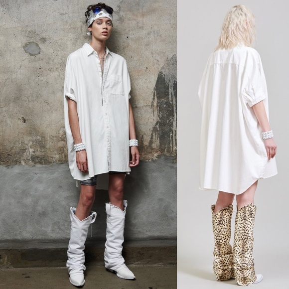 R13 Oversized Boxy Button Up Dress White Asymmetrical Hem Size Large - Picture 2 of 8